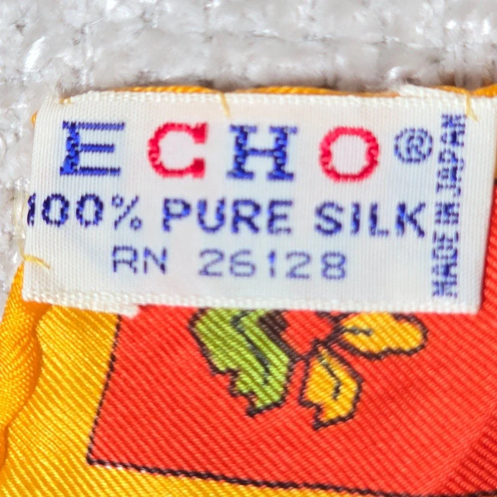 Echo Vintage 100% Pure Silk Scarf Red Navy Blue Yellow Floral Grid Made in Japan